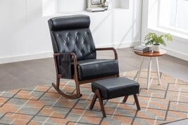 Rocking Chair With Ottoman, Mid-Century Modern Upholstered - Black PU - £205.65 GBP