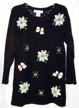 Victoria Jones Christmas Sweater Pm P M Black Beads White Poinsettia Holiday Bow - £15.18 GBP