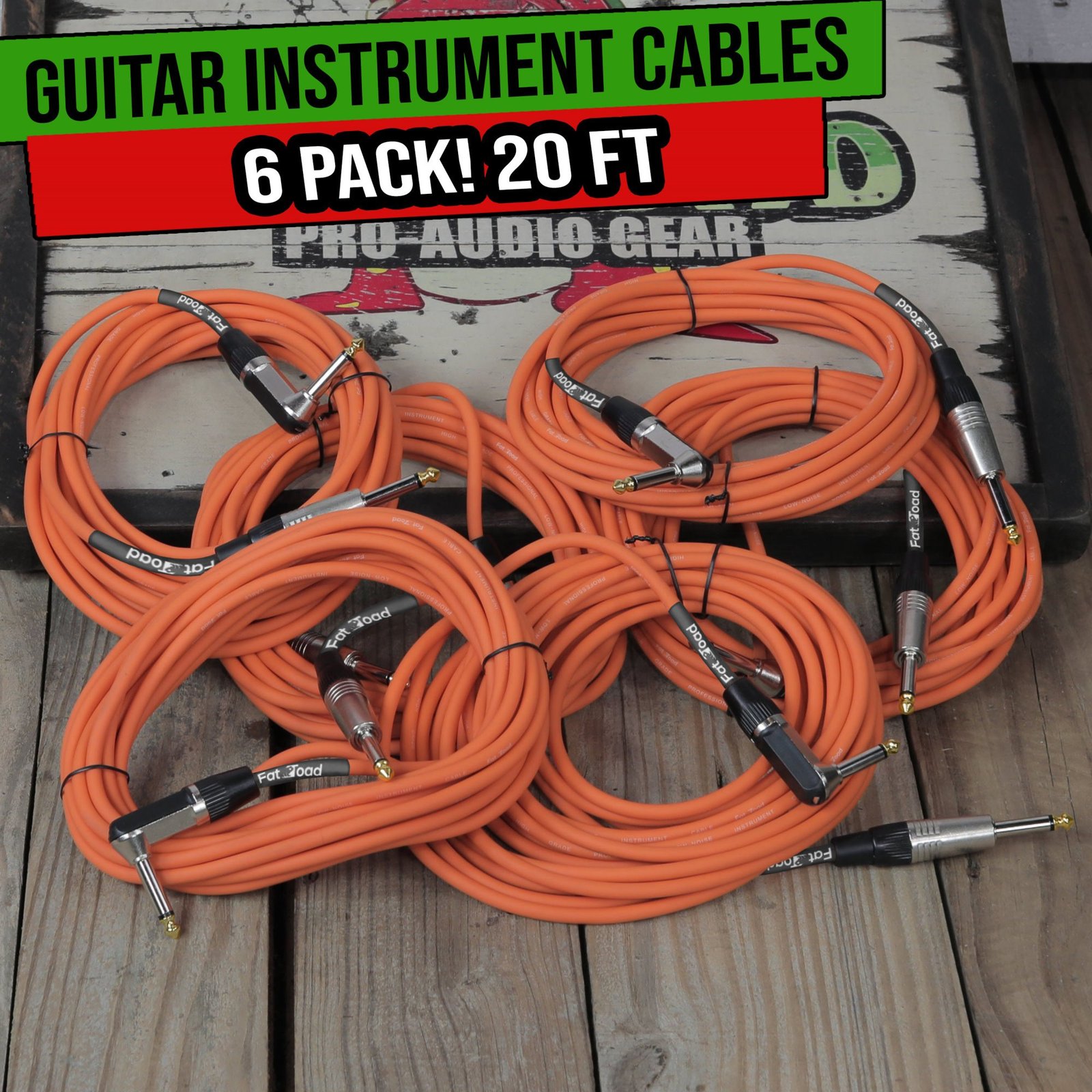 Guitar Cables (6 Pack) Right Angled Instrument Cord by FAT TOAD | 20FT 1/4 Quart