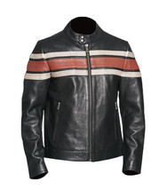 Mens Motorcycle Leather Jacket Black Retro Vintage Striped Leather Jacket - £136.71 GBP