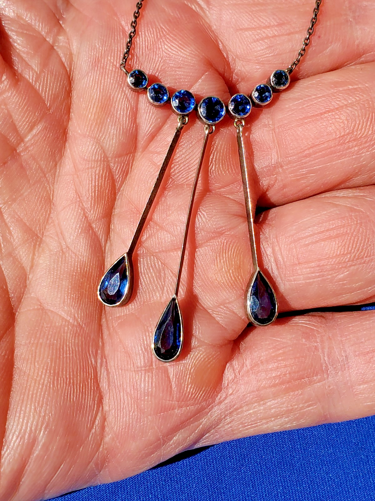 Sterling Silver 925 Deco Modernist Necklace Vintage Sapphire Paste 5.5 ct CHOKER Item image 11