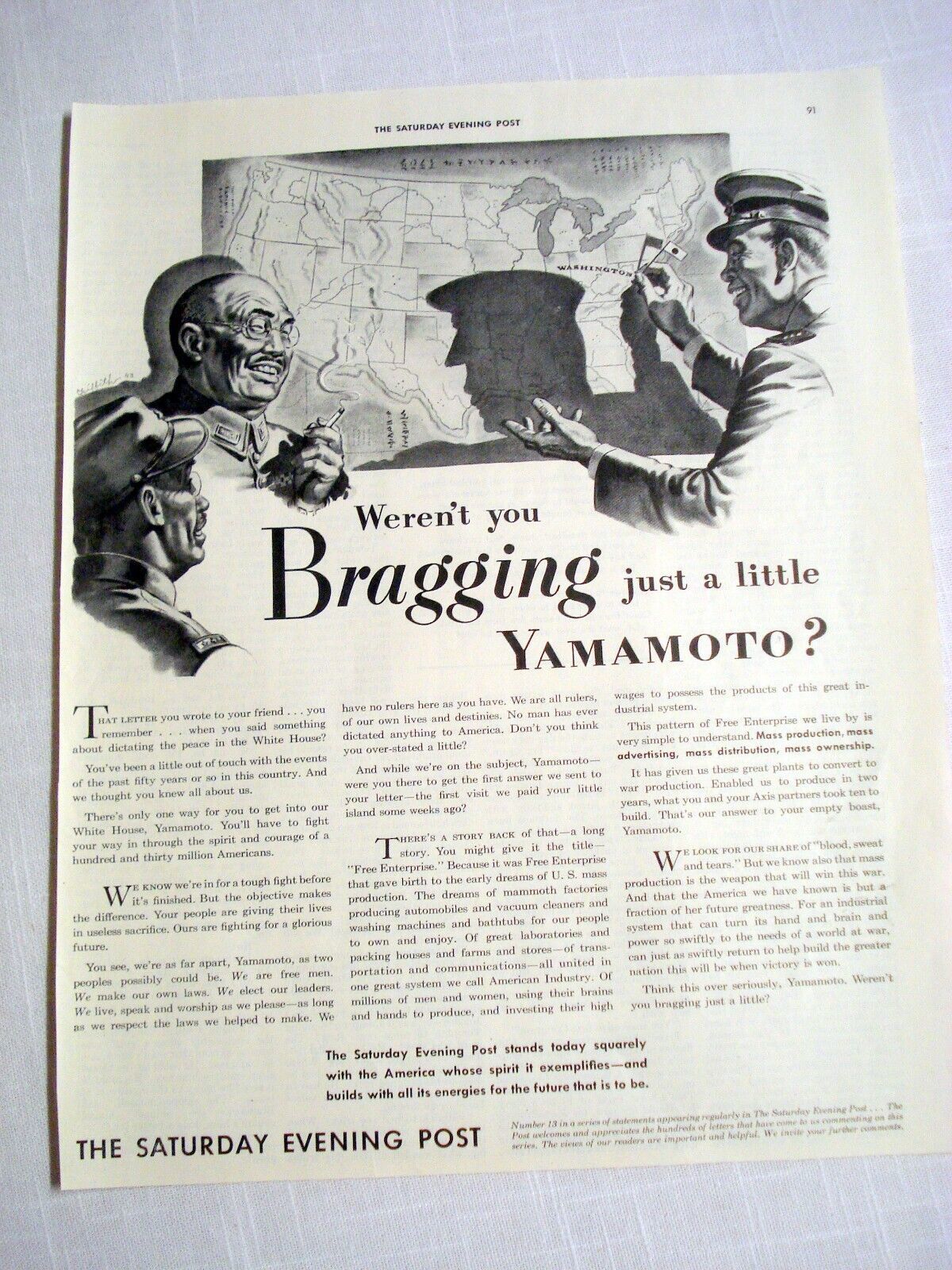 Primary image for 1942 WWII Ad Saturday Evening Post Bragging Just A Little Yamamoto
