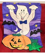 VTG Halloween Outdoor Garden Flag Ghost w/Bow Tie Bats Pumpkin 28x40 - £12.93 GBP