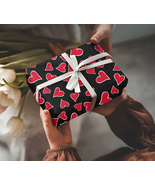 White Lined Red Hearts on Black, Valentine wrapping paper, medium roll, ... - $38.02 CAD