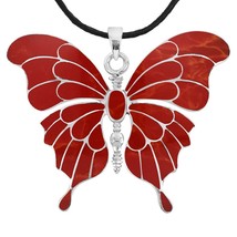 Elegant Red Coral Inlaid Butterfly on Sterling Silver Silk Chord Necklace - £52.96 GBP