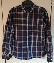 Mens M 15-15 1/2 Lands&#39; End Blue/Red/White Plaid Cotton Collared Casual Shirt - £14.79 GBP