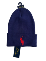 Polo Ralph Lauren Cotton Big Pony Red Cuff Knit Beanie Hat Blue - £70.93 GBP