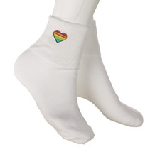 Rainbow Heart Bobby Socks - w Embroidered Appliques - Womens Novelty Socks 9-11 - £9.50 GBP