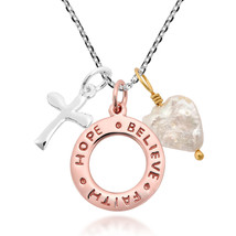 Tri-Tone Message &quot;Love, Faith, Believe&quot; Cross Heart Charms .925 Silver Necklace - £22.15 GBP
