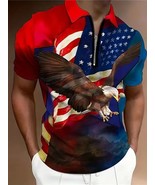 Eagle &amp; American Flag Pattern Print Men&#39;s Casual Short Sleeve Zipper Gra... - £3.35 GBP