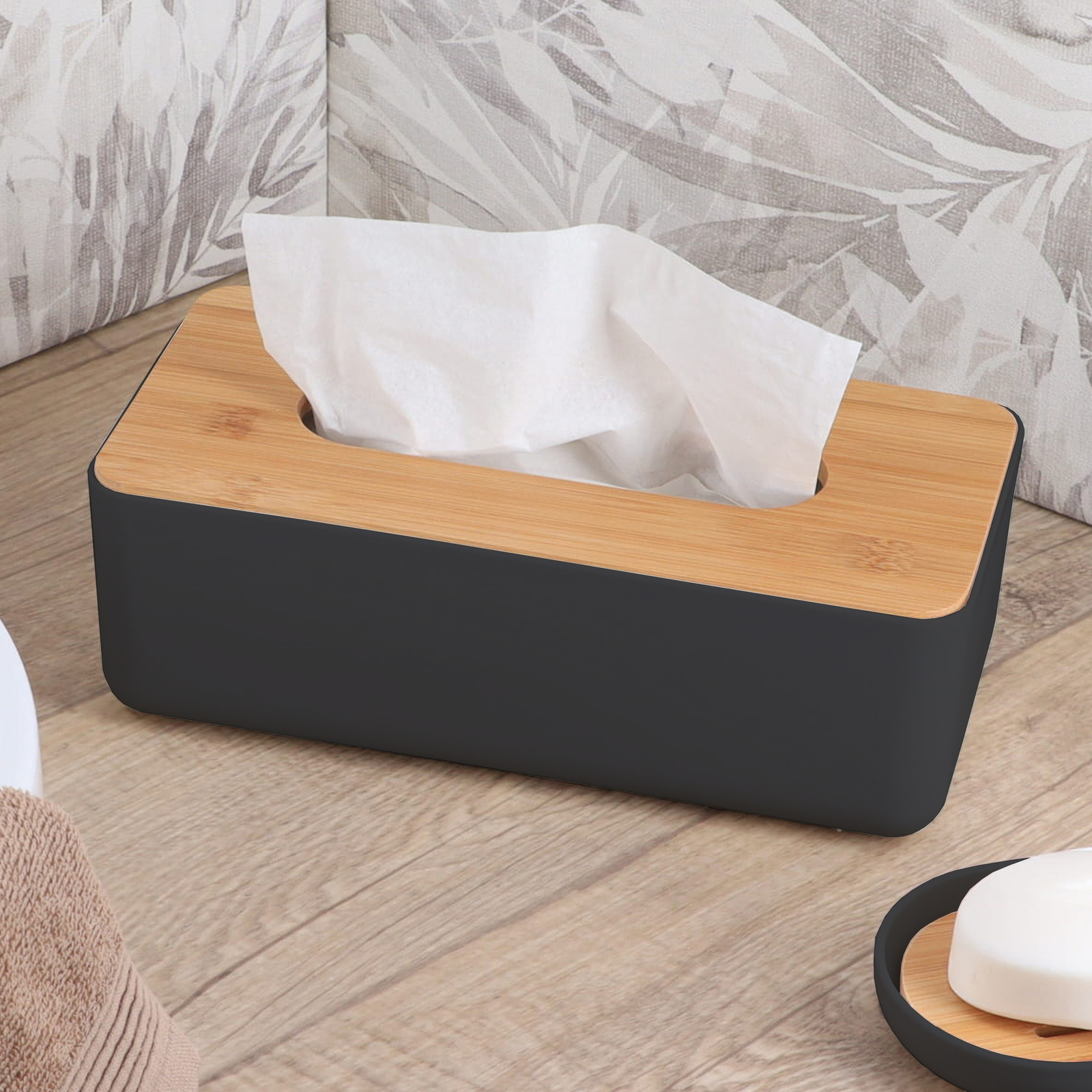 Black Tissue Box Cover Padang with Bamboo Top - Elegant Design for Home and Offi