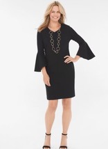 Chicos 00 Ponte Dress Womens Small Black Flare Bell Sleeves LBD Gold Zipper - $21.97