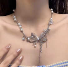 Fringe hollowed-out butterfly pearl necklace female sense niche design c... - $19.80