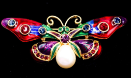 Joan Rivers Jewels Faux Pearl Enamel Rhinestone Butterfly Brooch Pin Signed VTG - £45.96 GBP