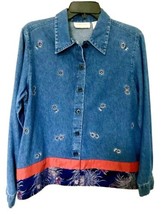 Lemon Grass Womens M Boho Floral Embroidered Denim Button Up Cottage Core Jacket - £17.52 GBP