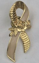 Pink Ribbon Gold Tone With Rose Enamel Vintage By Avon Breast Cancer Awareness - £7.94 GBP