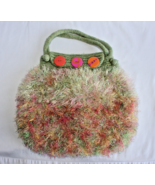 Button Closure Handmade Felted Wool Green Pink Orange Eyelash Yarn Hand Bag - $45.87