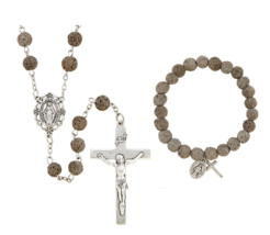 Gray Lava Stone Rosary &amp; Bracelet Set with Rosary Case Creed Pompeii Collection - £23.48 GBP