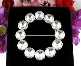 Huge Vintage Plastic Rivoli Rhinestone Belt Buckle Silvertone Metal 3 1/2&quot; Round - £14.94 GBP