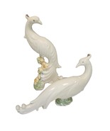Vintage Pair Mid Century Modern Peacock Figurines Pottery Painted  13&quot; &amp; 7&quot; - £44.98 GBP