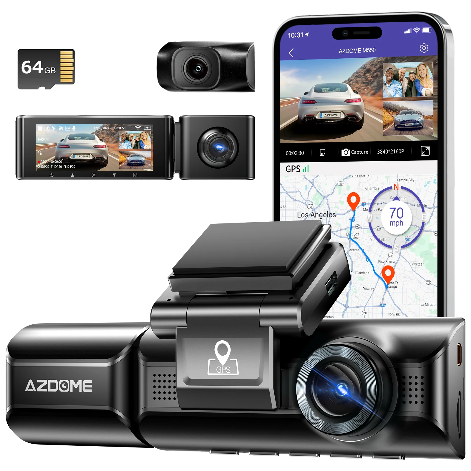 Azdome Car Dvr M550-3CH 4K Dash Cam 3 Cameras 1080 Rear Cam Recording With Gps - £133.28 GBP