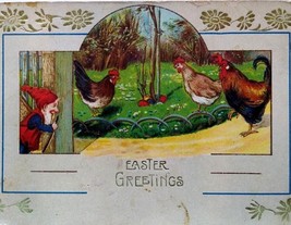 Easter Postcard Fantasy Gnome Dwarf Hens Chickens Vintage Gel Series 444 Germany - £10.46 GBP