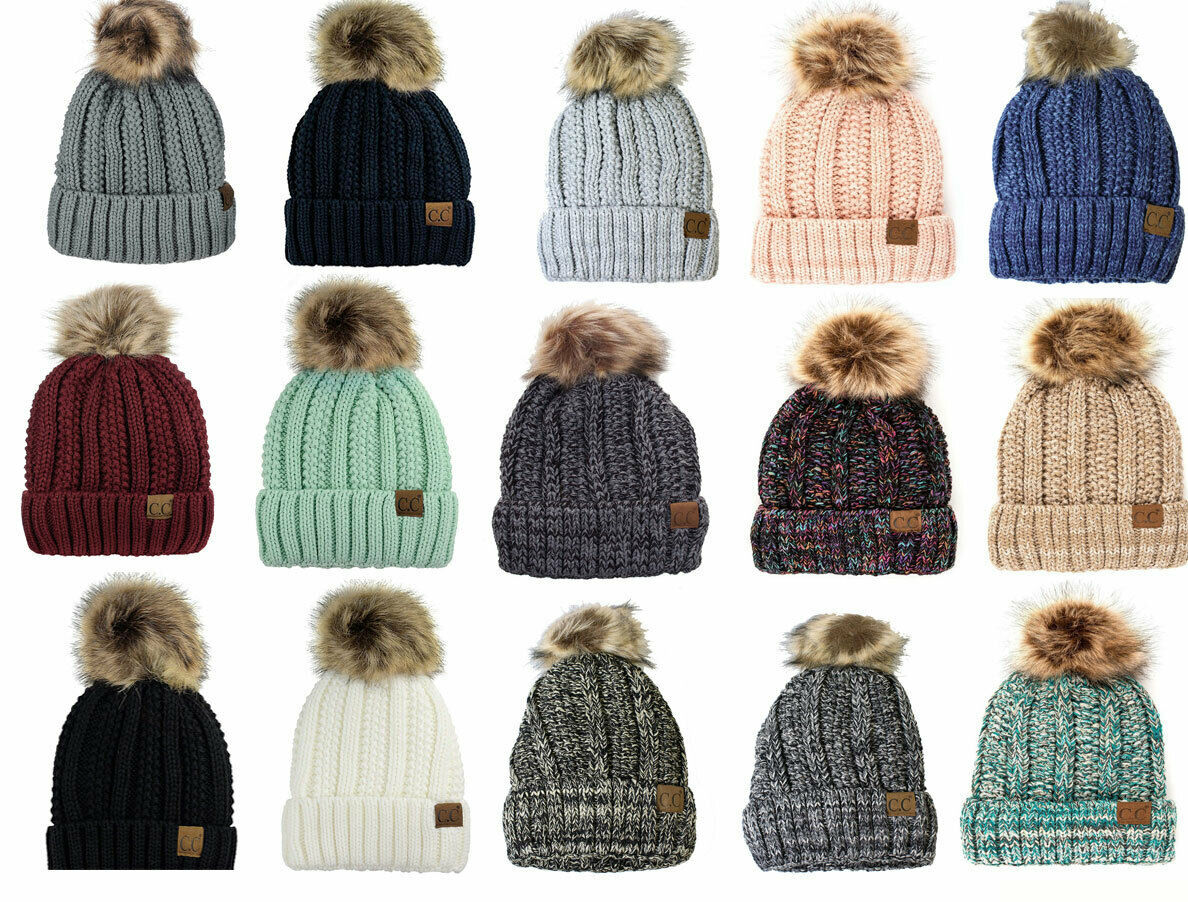 C.C Thick Knit Womens Fuzzy Pom Fleece Lined Skull Cap Beanie