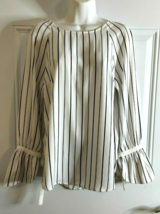 Dalia White Black Striped Long Ruffle Bell Sleeve Scoop Neck Tunic Blous... - £7.41 GBP