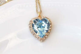 3Ct Heart Cut CZ Blue Topaz Diamond Halo Pendant 14k Yellow Gold Finish 18&quot; Bran - £89.91 GBP