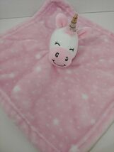 Pink white unicorn Security Blanket Hudson Baby stars dots horn has wear - $5.14