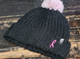 The North Face PR Pink Ribbon Cozy Chunky Black Pink Pom Pom Beanie Hat Women - £28.65 GBP