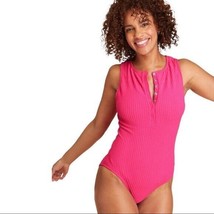 Andie Swim The Malibu One Piece Swimsuit Ribbed Terry Henley Pink XS - £45.54 GBP