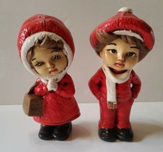 Christmas Boy and Girl Ceramic Painted Figures 6&#39;&#39;  Unique Vintage  - £29.07 GBP