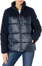 Tommy Hilfiger Womens Sherpa Mixed Media Puffer Navy Jacket Sz Large New - £109.33 GBP