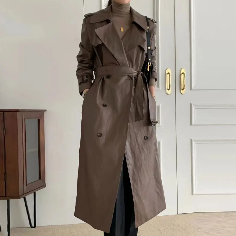   Chic PU Leather Trench Coat Double Breasted Long Sleeve Belt Long Jacket Vinta - £230.84 GBP