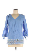 Talbots Blue chambray White embroidery Cut out Blouse Tie Cuff Sleeves Medium - £23.20 GBP