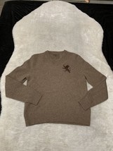 Express Mens V Neck 100% LambsWool Brown Pullover Sweater Size Medium Logo - £13.46 GBP