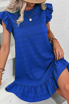 Dark Blue Textured Flutter Sleeve Ruffled Mini Dress - $225.52 MXN