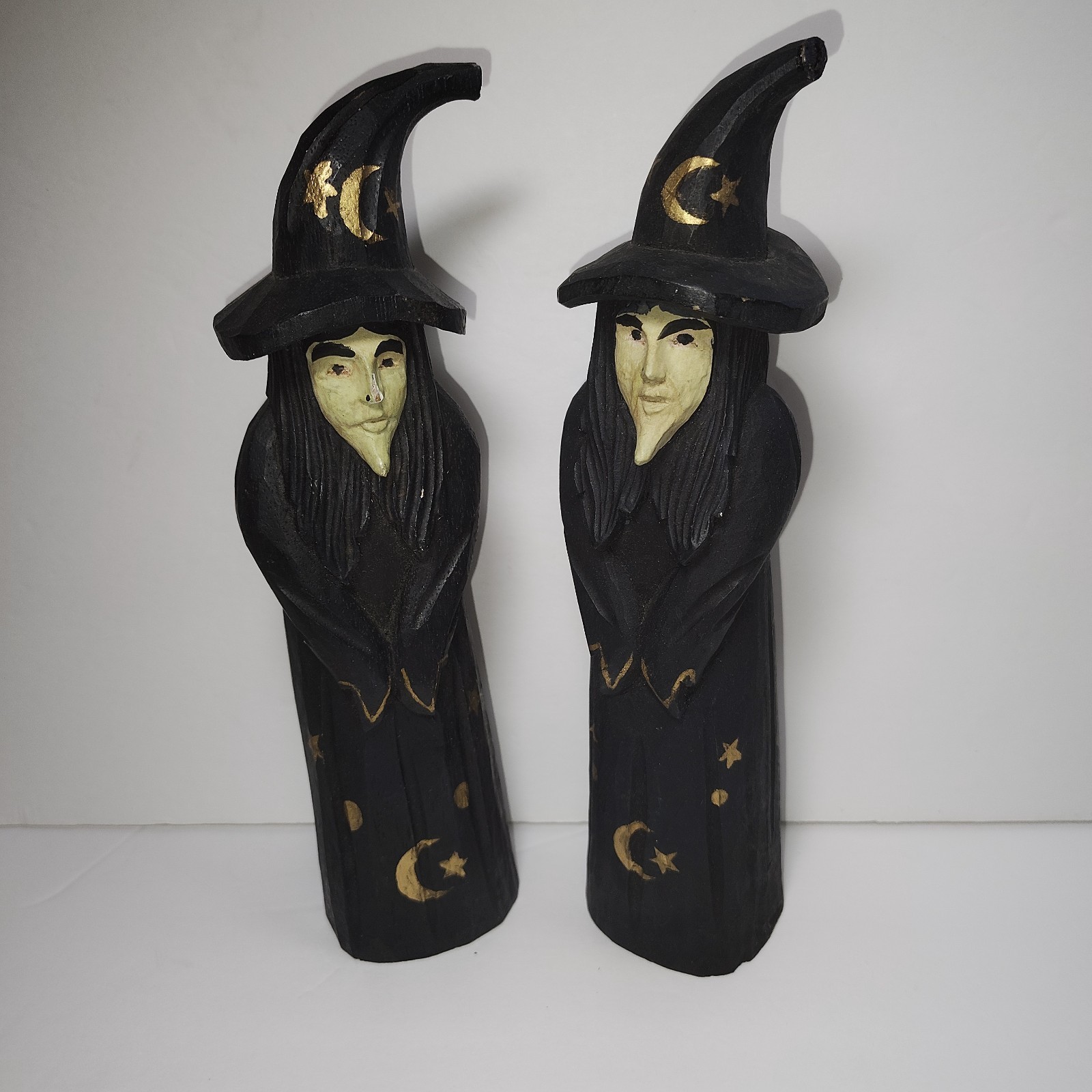 James Haddon Hand Carved Wood Witches Pair Signed Folk Art Halloween Decor 10” Item image 2