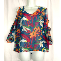 Sheer Floral Colorful Top LARGE Cutout Sleeves Women&#39;s - £10.63 GBP