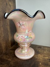 Vintage Fenton Art Glass Sunset Overlay Vase Handpainted Flowers Signed 6.5” - £72.28 GBP