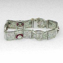 14k Plaqué or Blanc Baguette Rubis &amp; Imitation Diamant 7.25 &quot; Art Déco Bracelet - £247.98 GBP