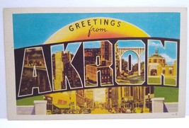 Greetings From Akron Ohio Large Big Letter City Postcard Linen Dexter Press - $49.50