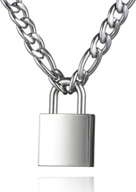 Padlock Necklace Stainless Steel Lock Chain for Men Women Silver 18-24 Inch - £14.56 GBP