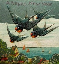 New Year Postcard Winsch Back Flying Song Birds Germany 1909 Keystone IND - $31.35