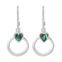 Loving Abalone Shell Inlay Heart Crowned Circles Sterling Silver Dangle Earrings - £12.85 GBP