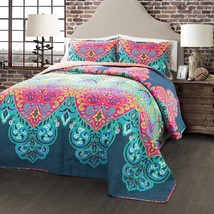 Lush Decor Boho Chic Reversible 3 Piece Quilt Bedding Set, Full/Queen, Turquoise - £73.53 GBP