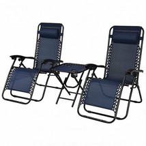 3 Pieces Folding Portable Zero Gravity Reclining Lounge Chairs Table Set-Navy - - £134.58 GBP
