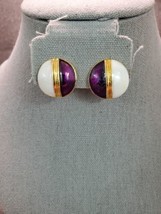 Stunning Vintage Estate Purple &amp; White - Gold Tone Clip Back Earrings - £9.80 GBP