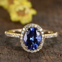 2Ct Oval Cut Simulated Blue Sapphire Halo Engagement Ring 14k Yellow Gold Plated - £39.54 GBP
